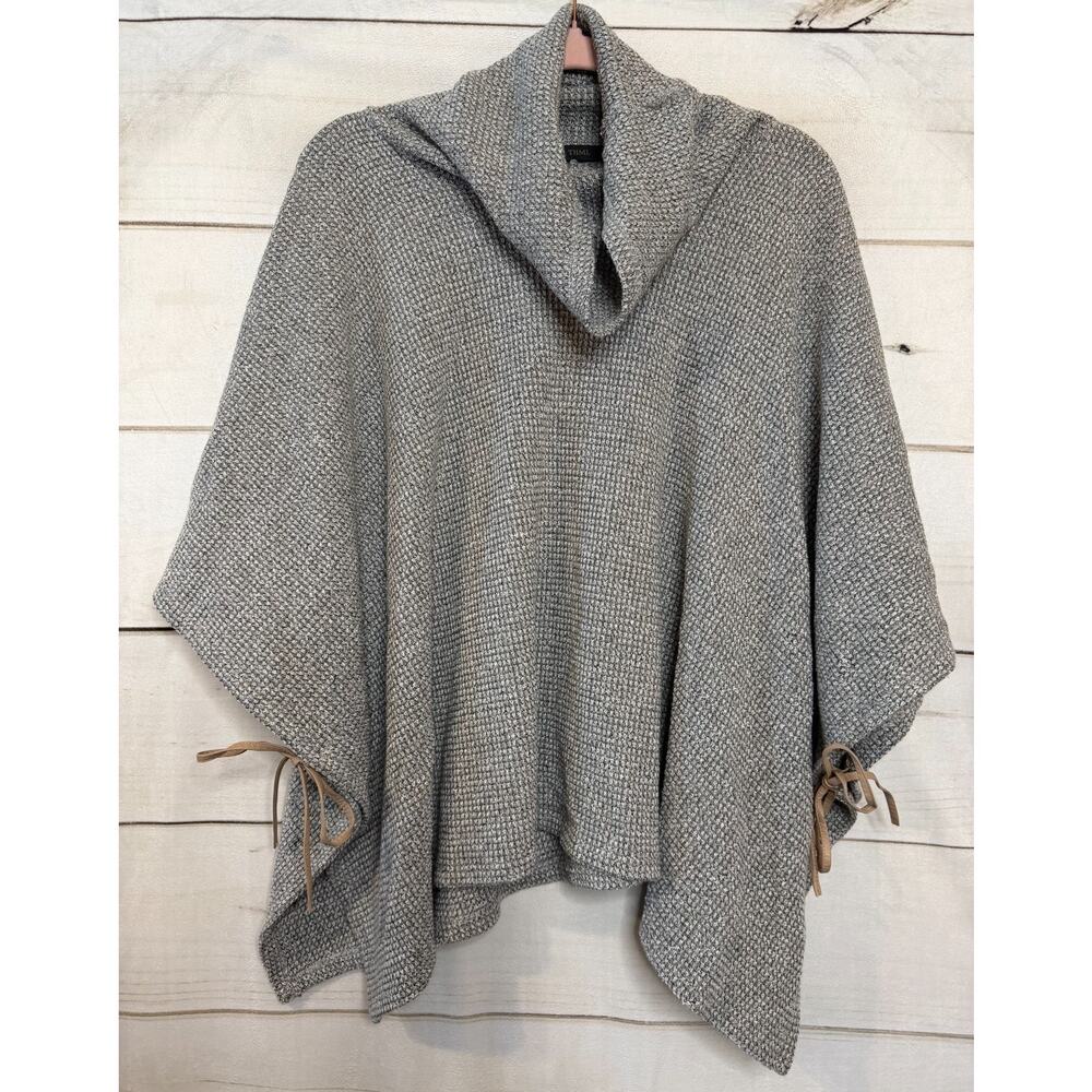 THML Grey Poncho Sweater M/L Cowl Neck Cozy Winter‎ Tie Accents